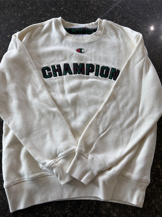 Champion Tops - Champion White Crewneck Sweatshirt with Green & Red Embroidered Logo